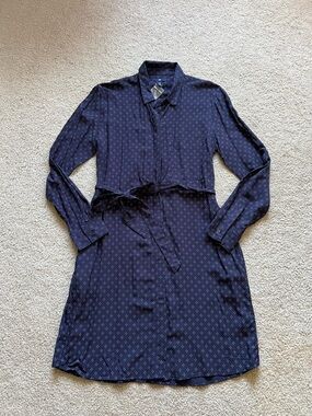 GAP Navy Long-Sleeve Shirt Dress with Waist Tie and Micro Print